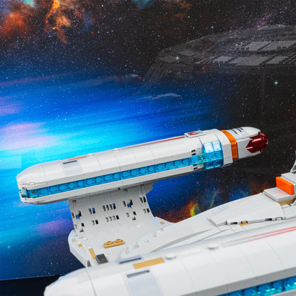 Warp engines detail view of LEGO 10356 Star Trek USS Enterprise NCC-1701-D Display Case with a UV printed background.