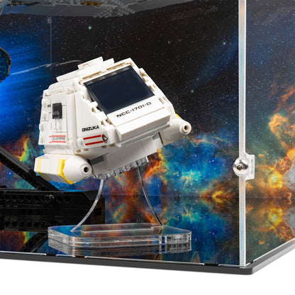 Fitting detail view of LEGO 10356 & 40768 Star Trek USS Enterprise NCC-1701-D & Type-15 Shuttlepod Display Case with a UV printed background.