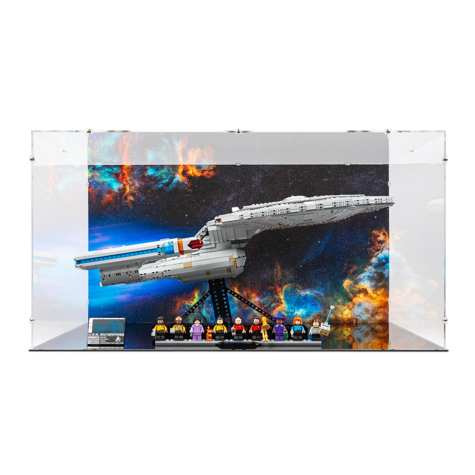 Front view of LEGO 10356 Star Trek USS Enterprise NCC-1701-D Display Case with a UV printed background.