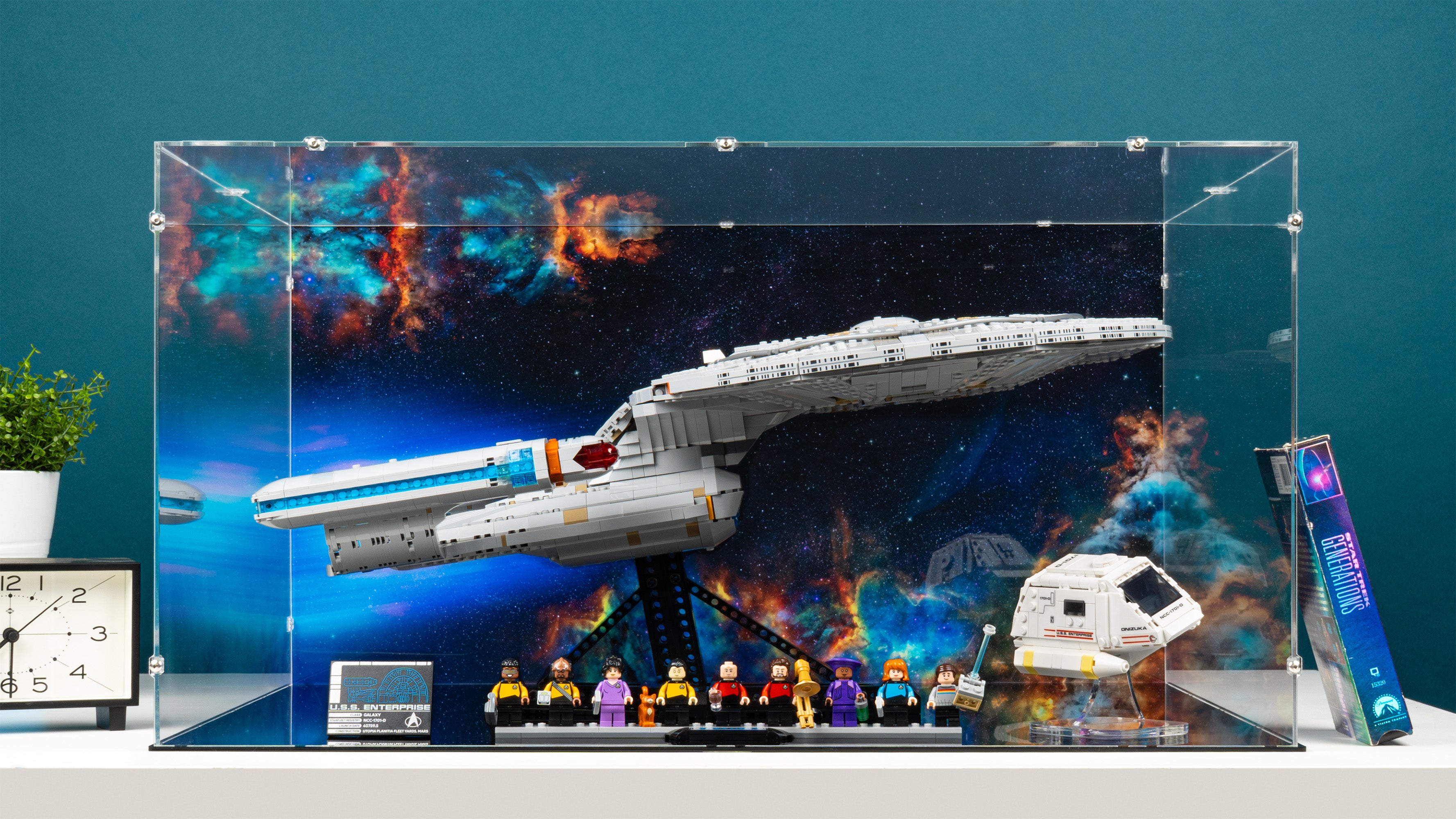 LEGO 10356 Star Trek USS Enterprise NCC-1701-D Display Case with a UV printed background.
