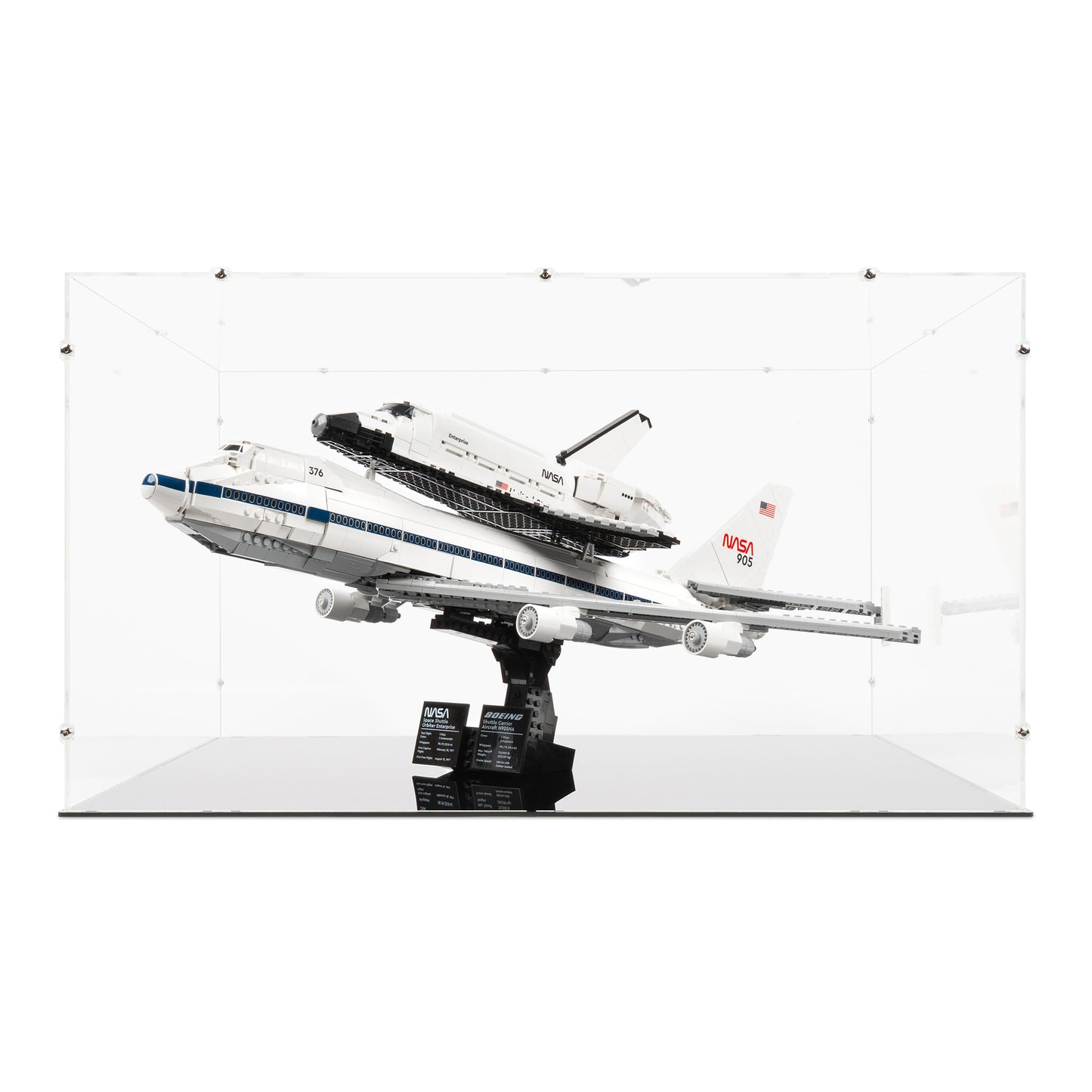 Front view of LEGO 10360 Shuttle Carrier Aircraft Display Case.