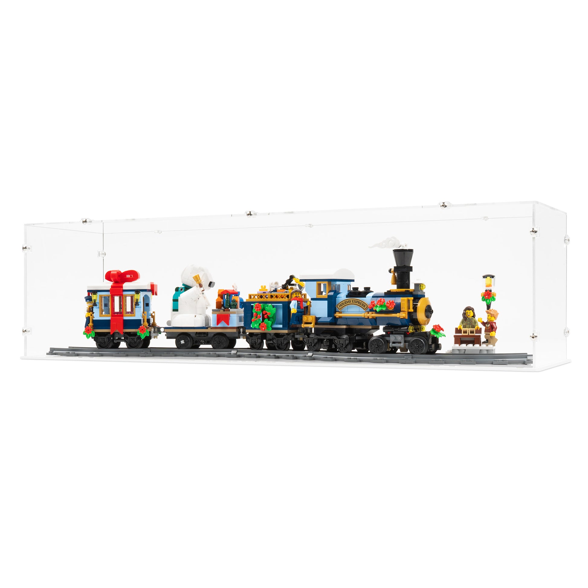 Angled view of LEGO 10361 Holiday Express Train Display Case.