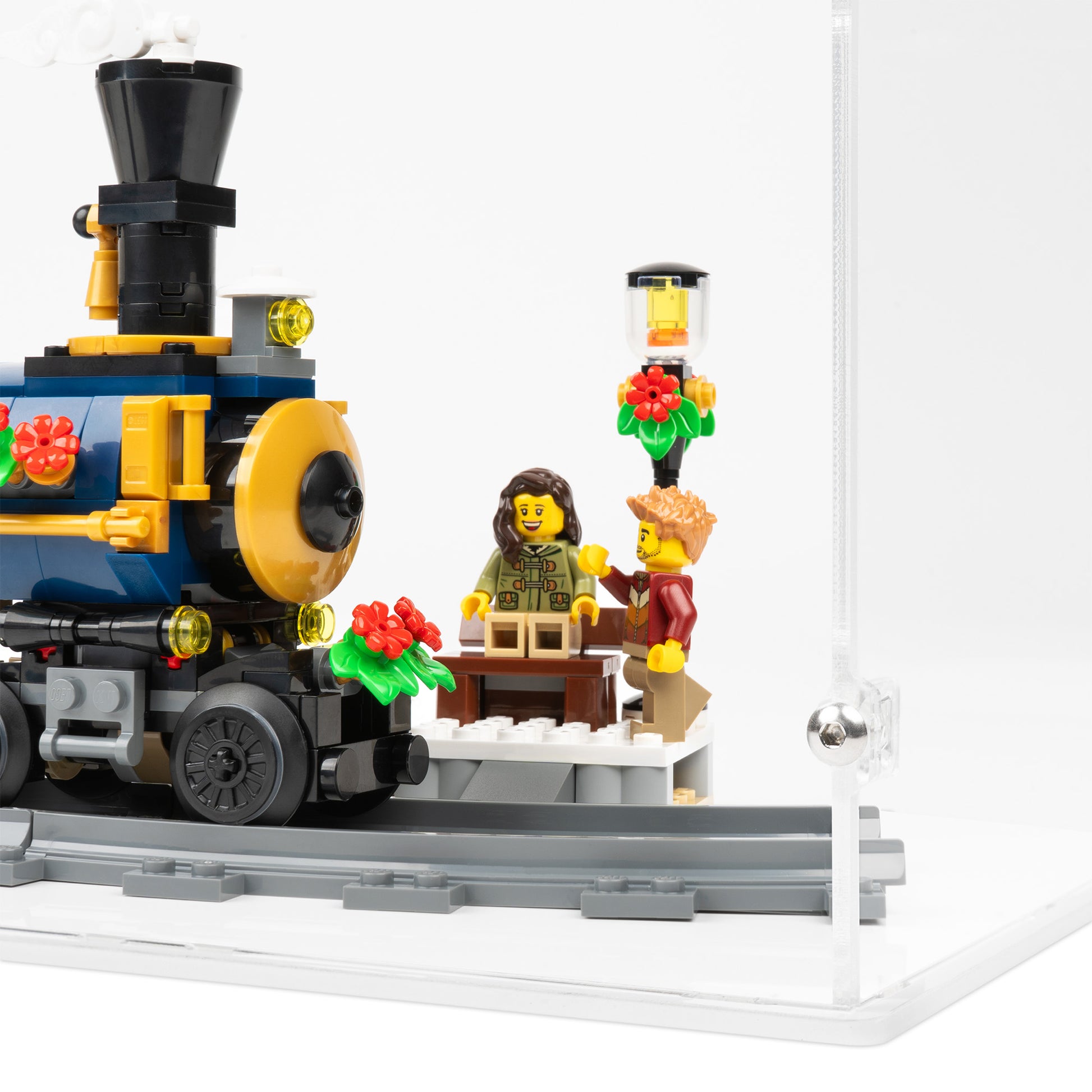 Fitting detail view of LEGO 10361 Holiday Express Train Display Case.