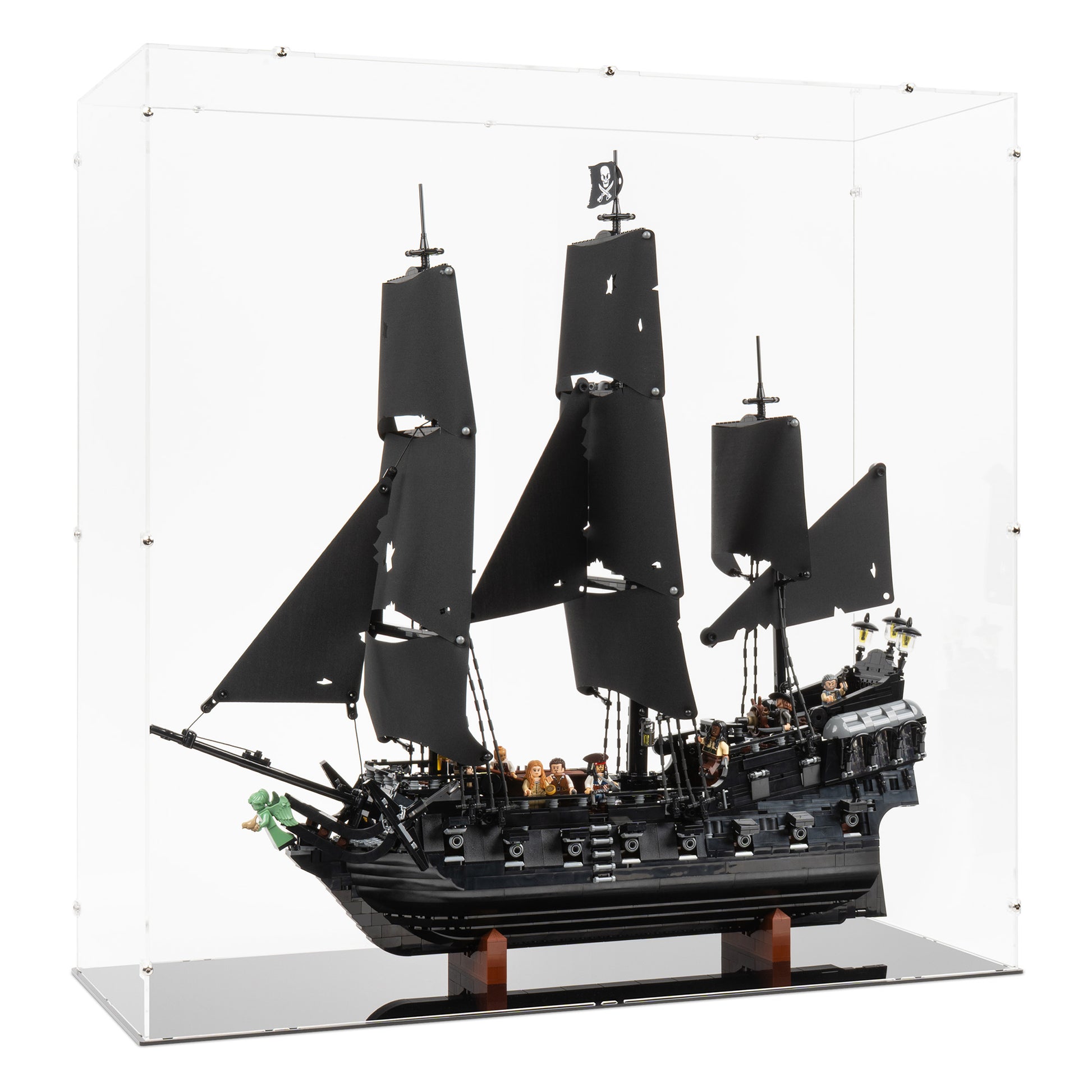 Angled view of LEGO 10365 Captain Jack Sparrow's Pirate Ship Display Case.