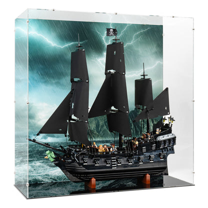 Angled view of LEGO 10365 Captain Jack Sparrow's Pirate Ship Display Case with a UV printed background.