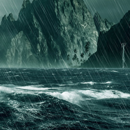 Bay detail view of LEGO 10365 Captain Jack Sparrow's Pirate Ship Display Case with a UV printed background.