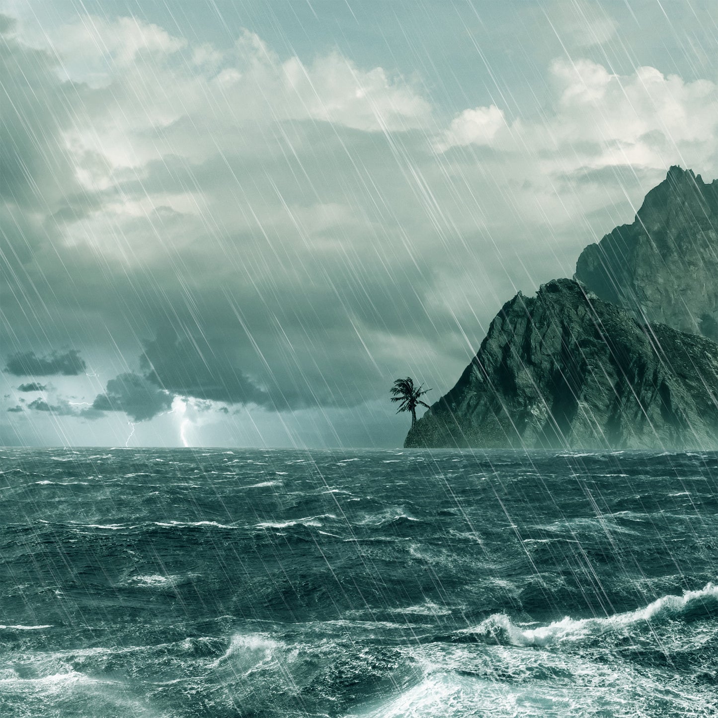 Coast detail view of LEGO 10365 Captain Jack Sparrow's Pirate Ship Display Case with a UV printed background.