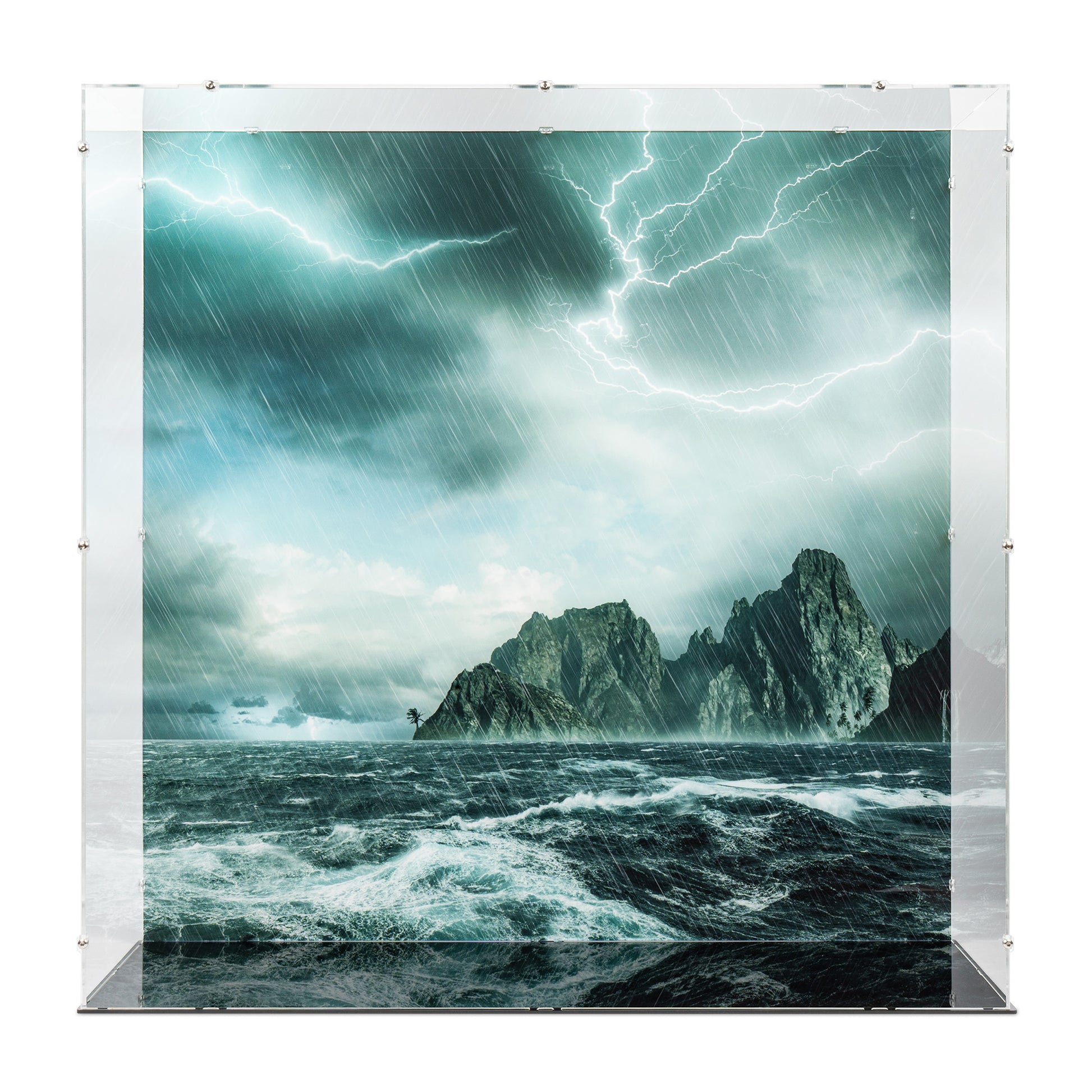 Front view of empty LEGO 10365 Captain Jack Sparrow's Pirate Ship Display Case with a UV printed background.