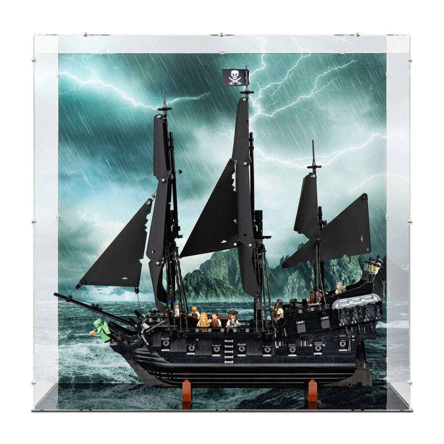 Front view of LEGO 10365 Captain Jack Sparrow's Pirate Ship Display Case with a UV printed background.