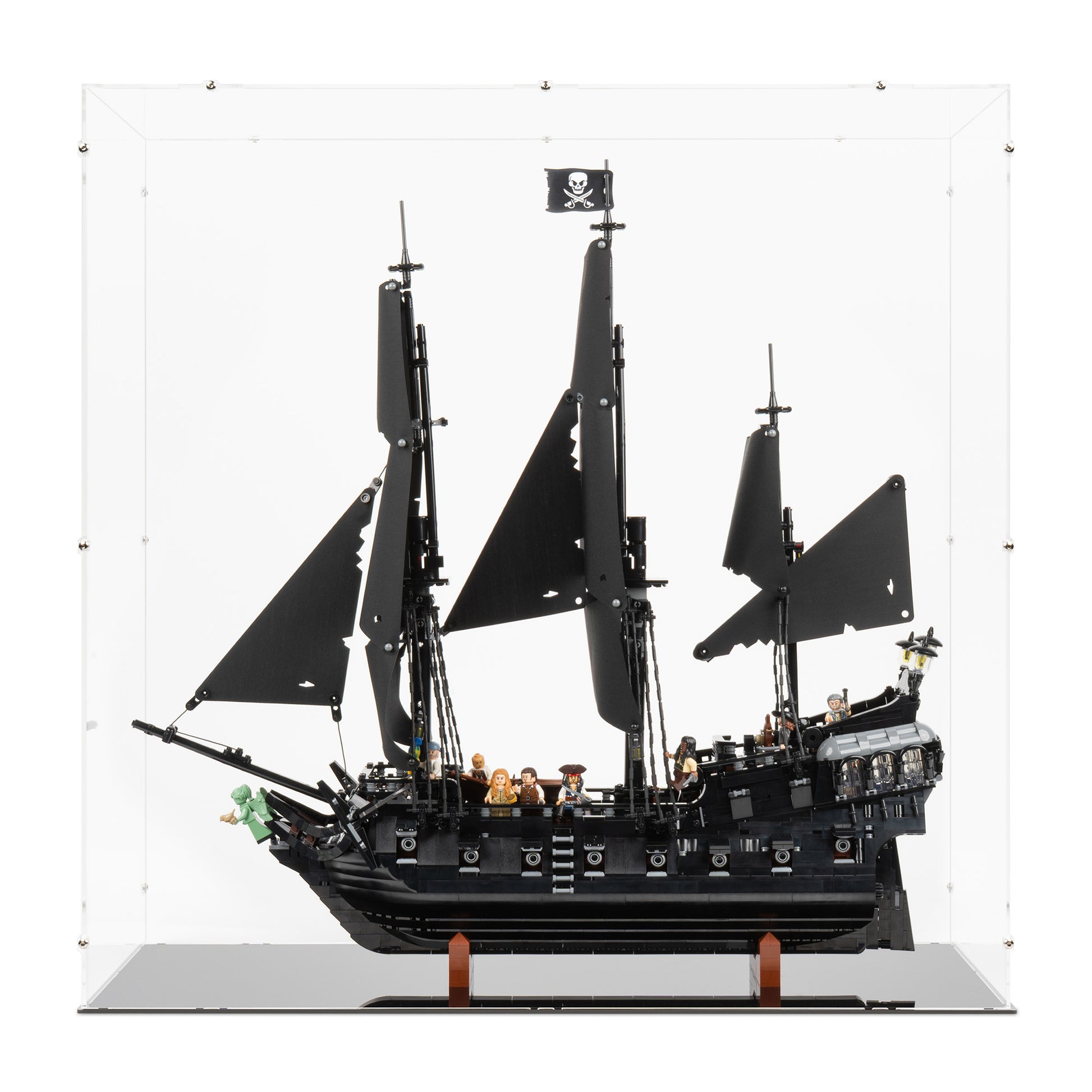 Front view of LEGO 10365 Captain Jack Sparrow's Pirate Ship Display Case.