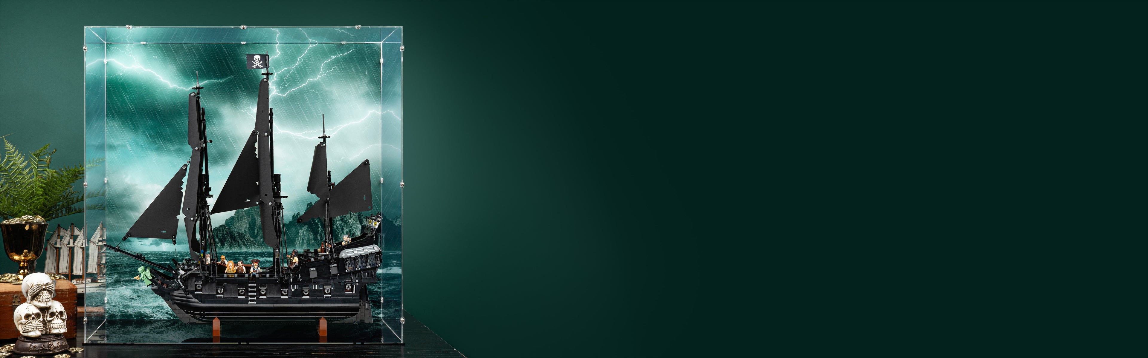 LEGO 10365 Captain Jack Sparrow's Pirate Ship Display Case with a UV printed background.