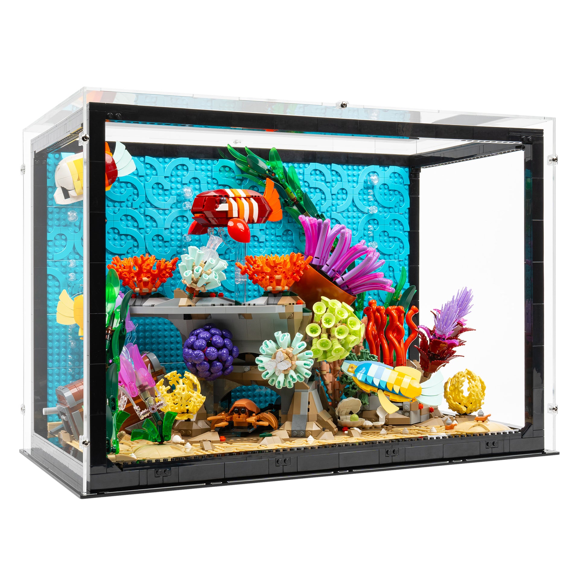 Angled view of LEGO 10366 Tropical Aquarium Display Case.