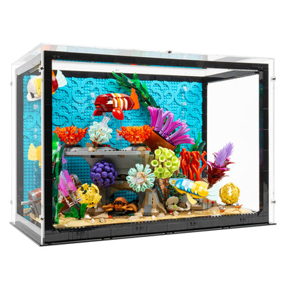 Angled view of LEGO 10366 Tropical Aquarium Display Case.