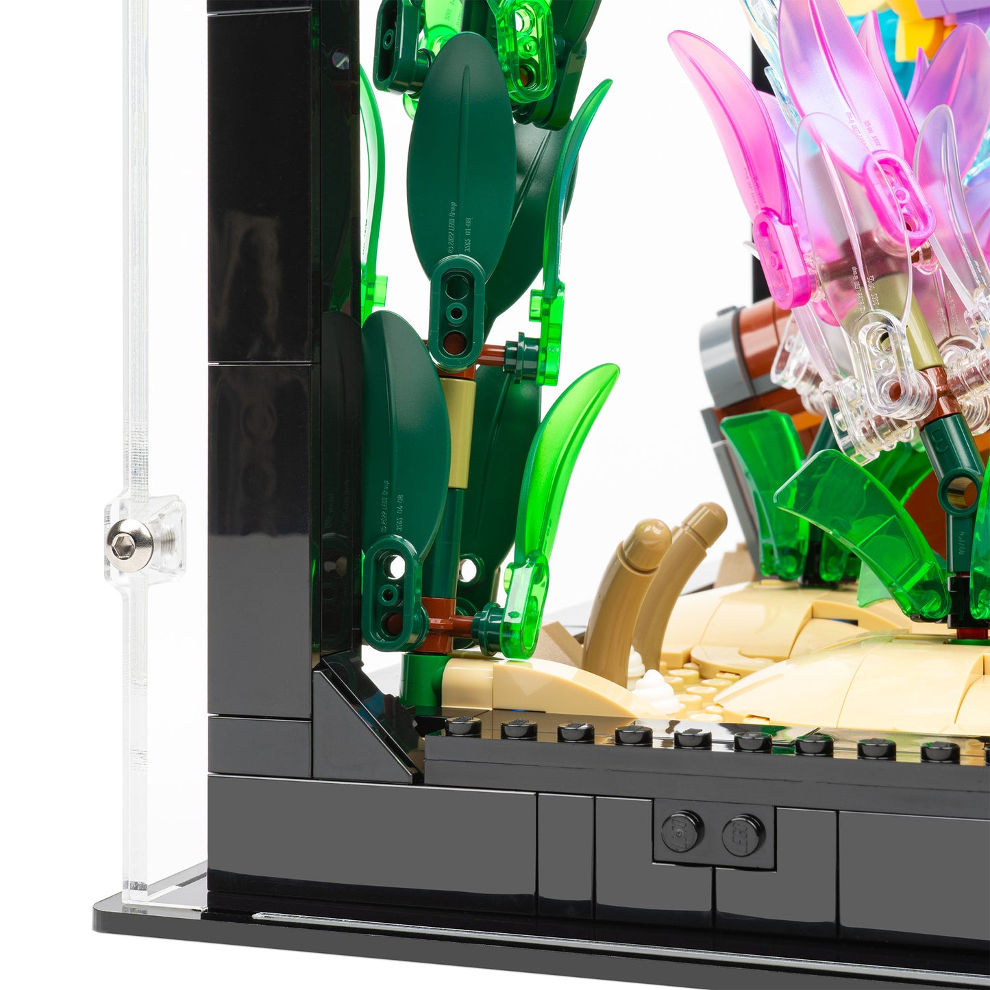 Left fitting detail view of LEGO 10366 Tropical Aquarium Display Case.