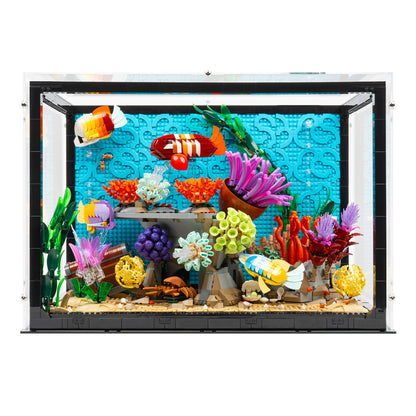 Front view of LEGO 10366 Tropical Aquarium Display Case.