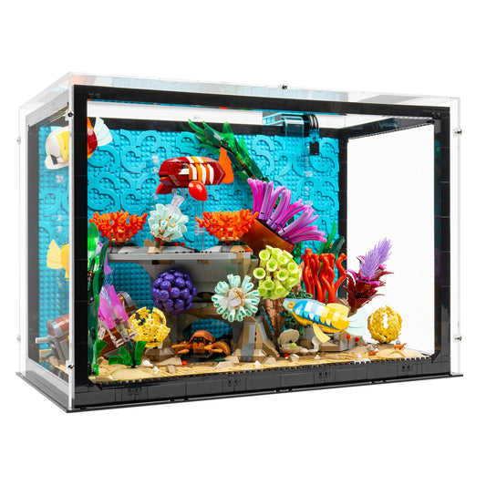 Angled view of LEGO 10366 Tropical Aquarium with Filter Display Case.