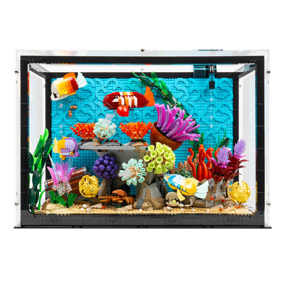 Front view of LEGO 10366 Tropical Aquarium with Filter Display Case.