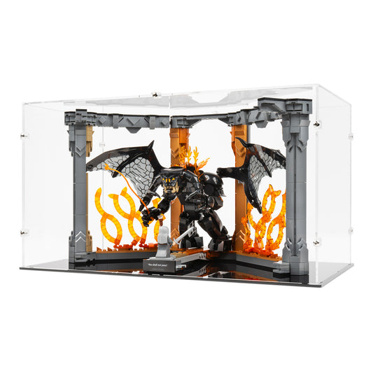 Angled view of LEGO 10367 The Lord of the Rings Balrog Book Nook Display Case.