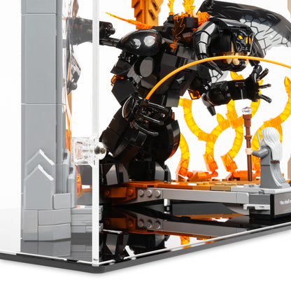 Fitting detail view of LEGO 10367 The Lord of the Rings Balrog Book Nook Display Case.