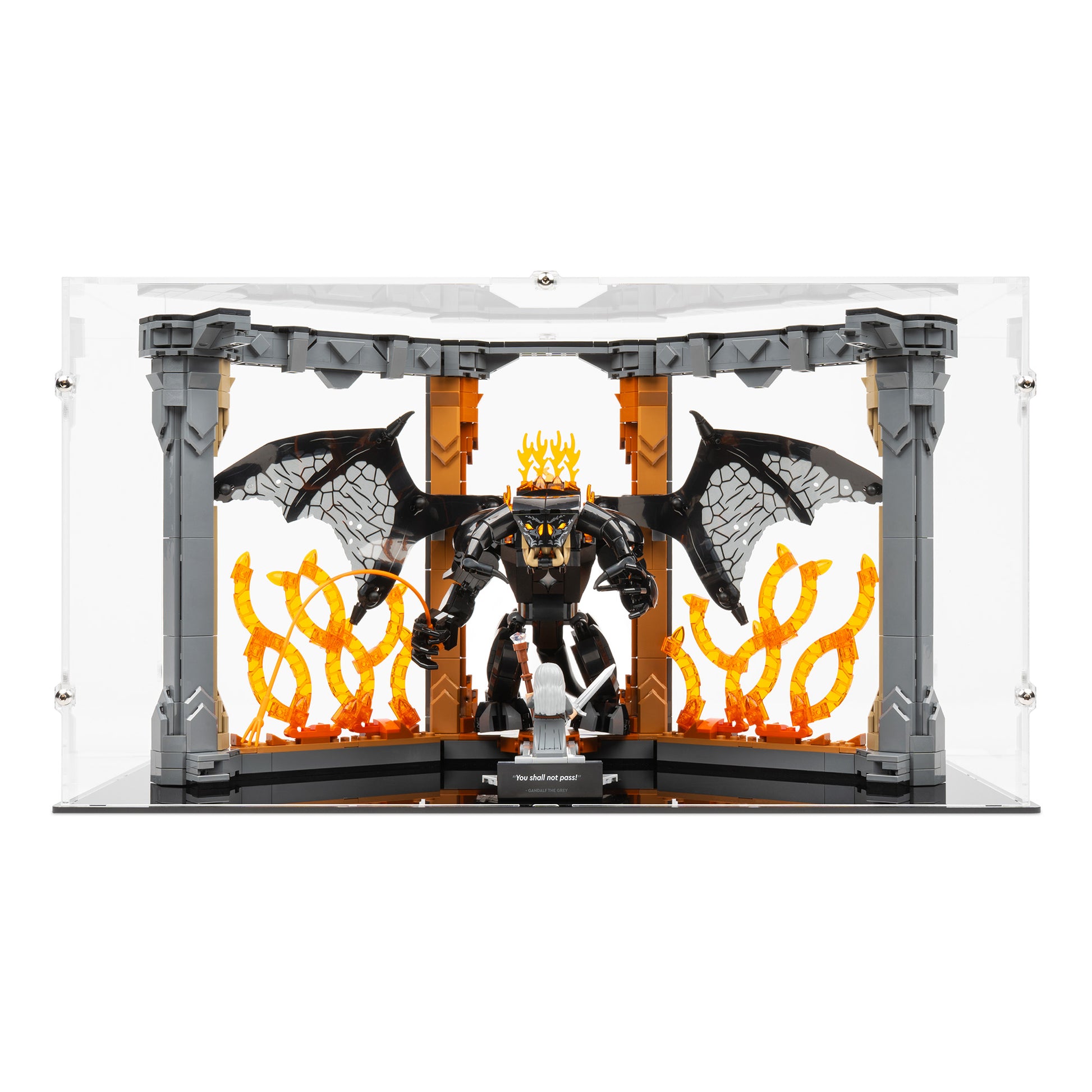 Front view of LEGO 10367 The Lord of the Rings Balrog Book Nook Display Case.