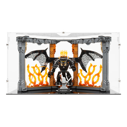 Front view of LEGO 10367 The Lord of the Rings Balrog Book Nook Display Case.