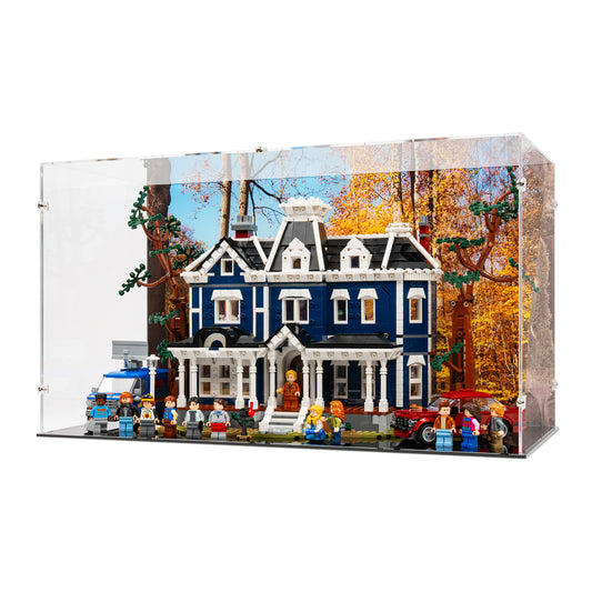 Angled view of LEGO 11370 Stranger Things The Creel House Closed Display Case with a UV printed background.