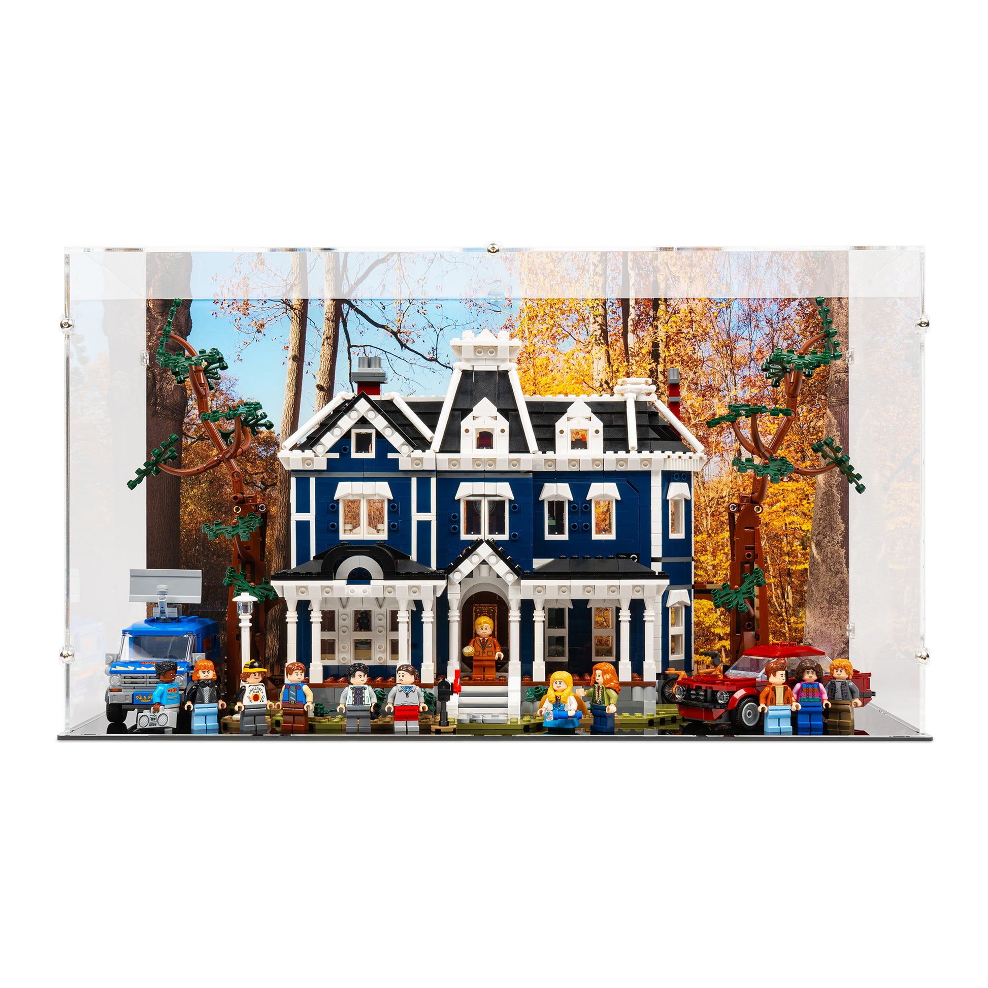 Front view of LEGO 11370 Stranger Things The Creel House Closed Display Case with a UV printed background.