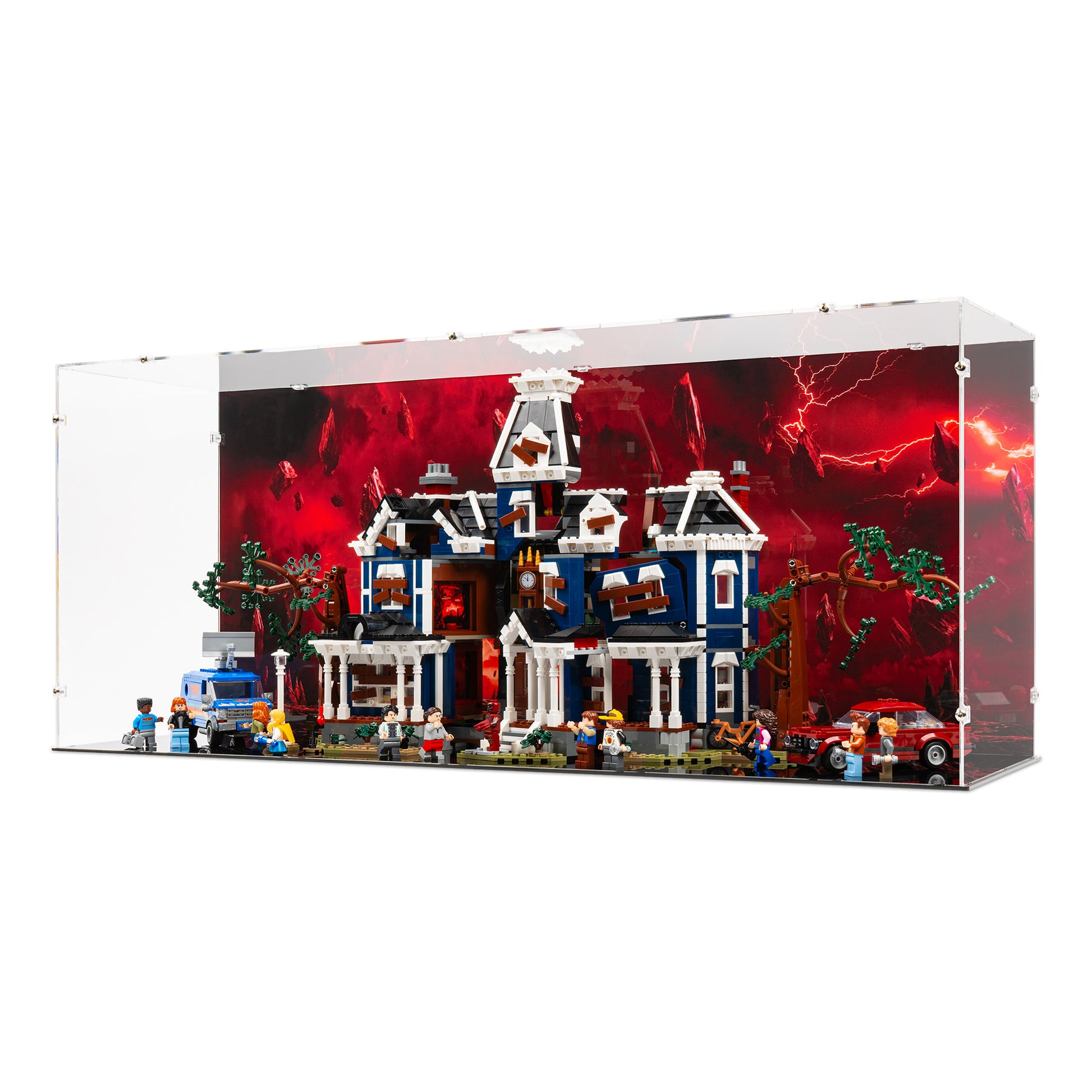 Angled view of LEGO 11370 Stranger Things The Creel House Open Display Case with a UV printed background.
