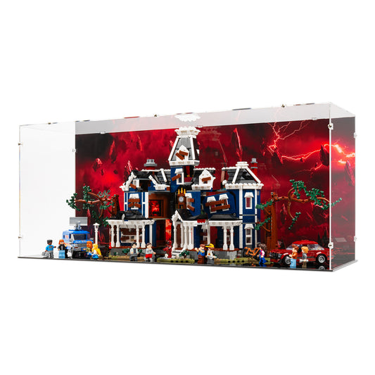 Angled view of LEGO 11370 Stranger Things The Creel House Open Display Case with a UV printed background.