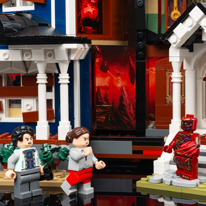 Entrance detail view of LEGO 11370 Stranger Things The Creel House Open Display Case with a UV printed background.