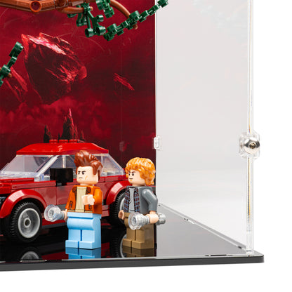 Fitting detail view of LEGO 11370 Stranger Things The Creel House Open Display Case with a UV printed background.
