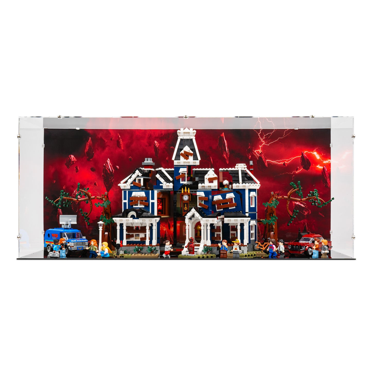 Front view of LEGO 11370 Stranger Things The Creel House Open Display Case with a UV printed background.