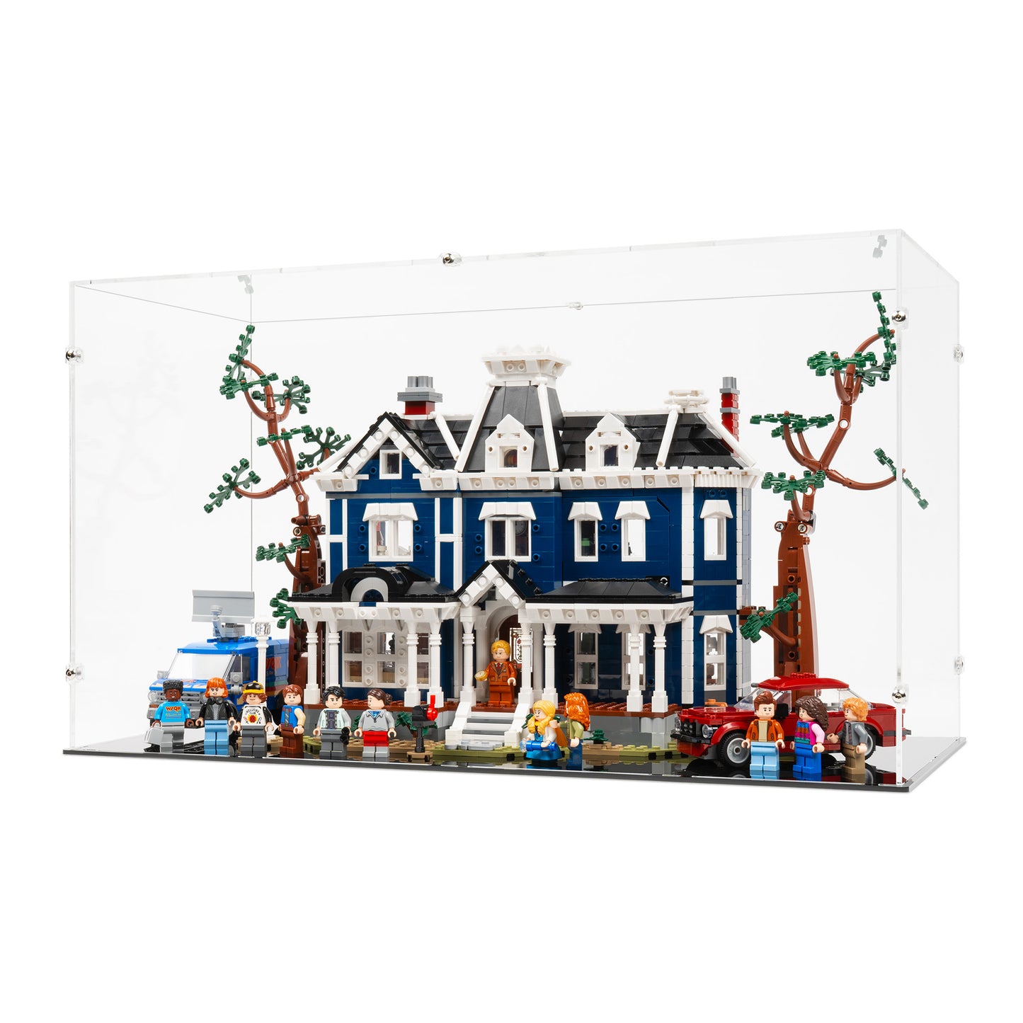 Angled view of LEGO 11370 Stranger Things The Creel House Closed Display Case.