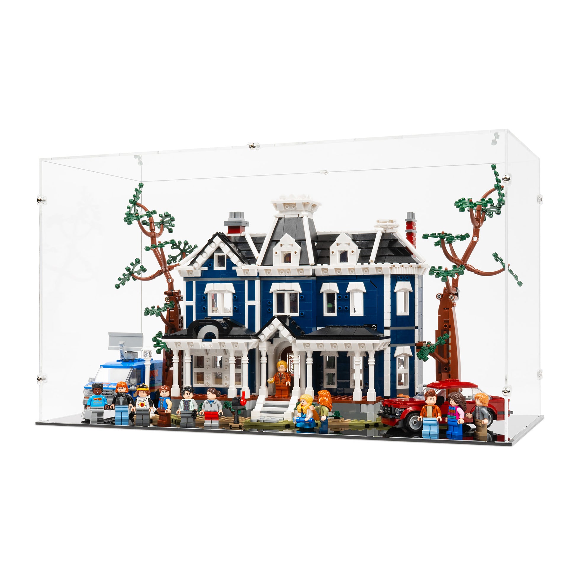 Angled view of LEGO 11370 Stranger Things The Creel House Closed Display Case.