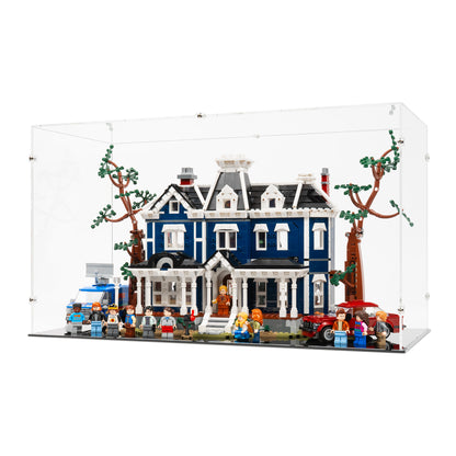 Angled view of LEGO 11370 Stranger Things The Creel House Closed Display Case.