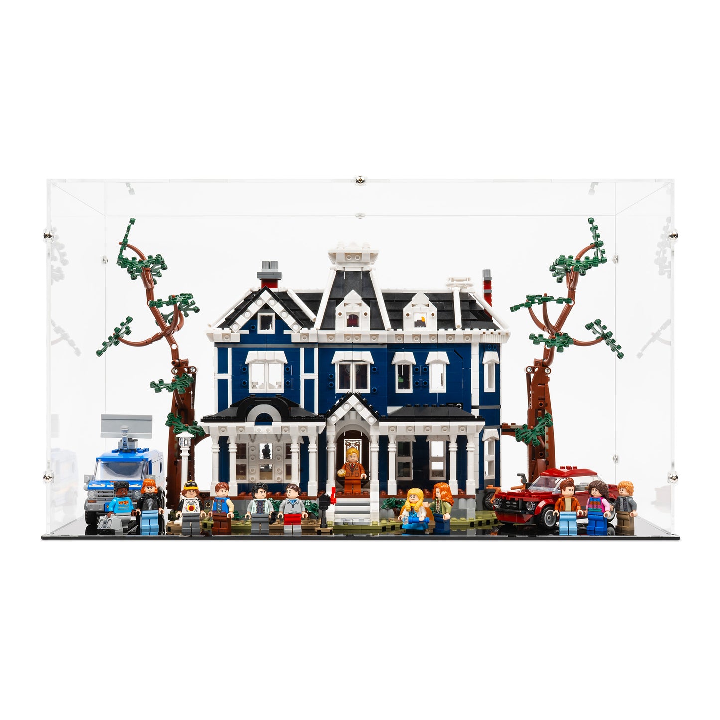 Front view of LEGO 11370 Stranger Things The Creel House Closed Display Case.