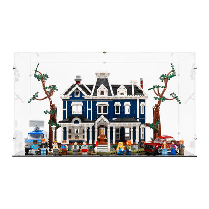 Front view of LEGO 11370 Stranger Things The Creel House Closed Display Case.
