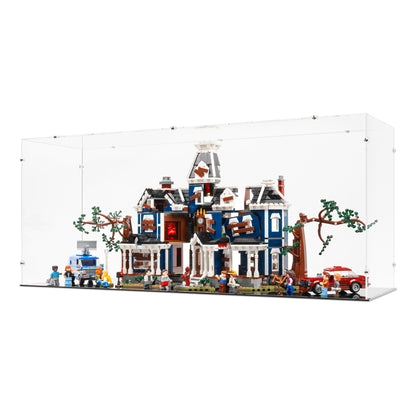 Angled view of LEGO 11370 Stranger Things The Creel House Open Display Case.