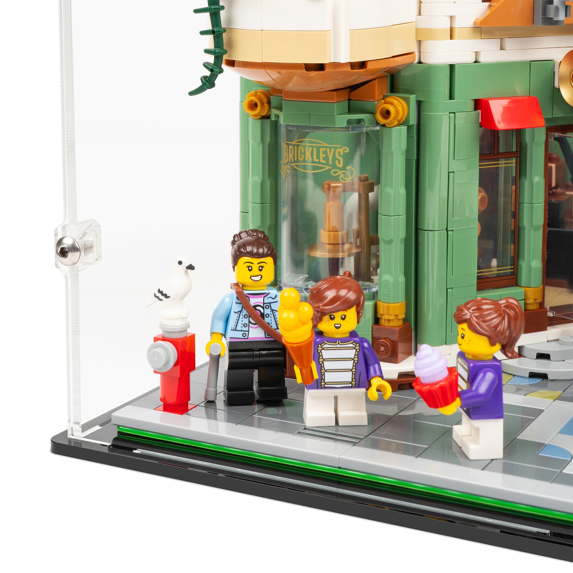 Left fitting detail view of LEGO 11371 Shopping Street Display Case.