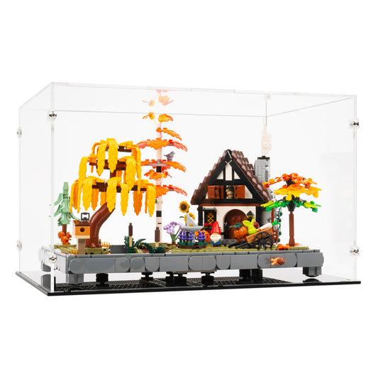 Angled view of LEGO 11372 Autumn Cottage Garden Display Case.