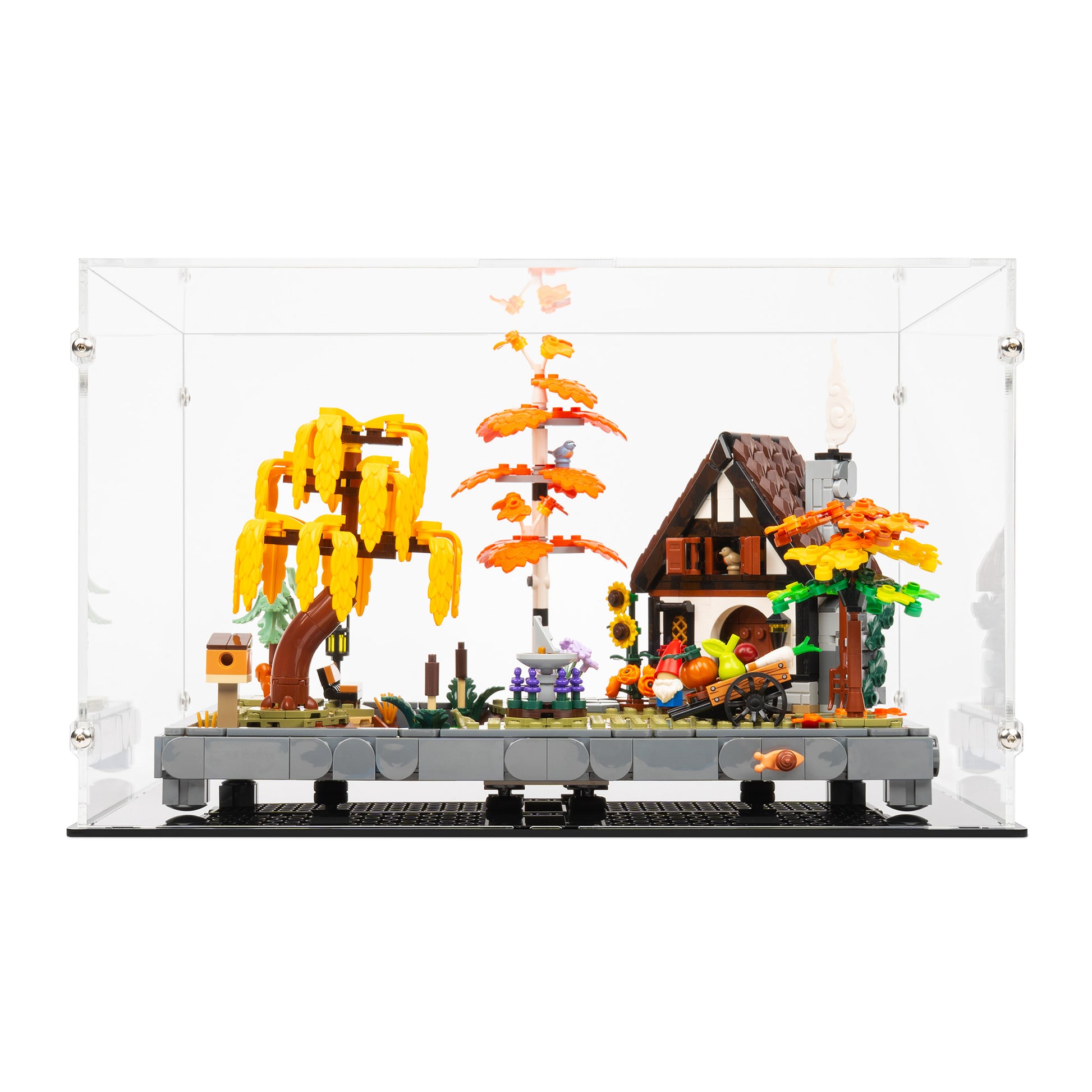 Front view of LEGO 11372 Autumn Cottage Garden Display Case.