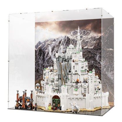 Angled view of LEGO 11377 The Lord of the Rings Minas Tirith Display Case with a UV printed background.