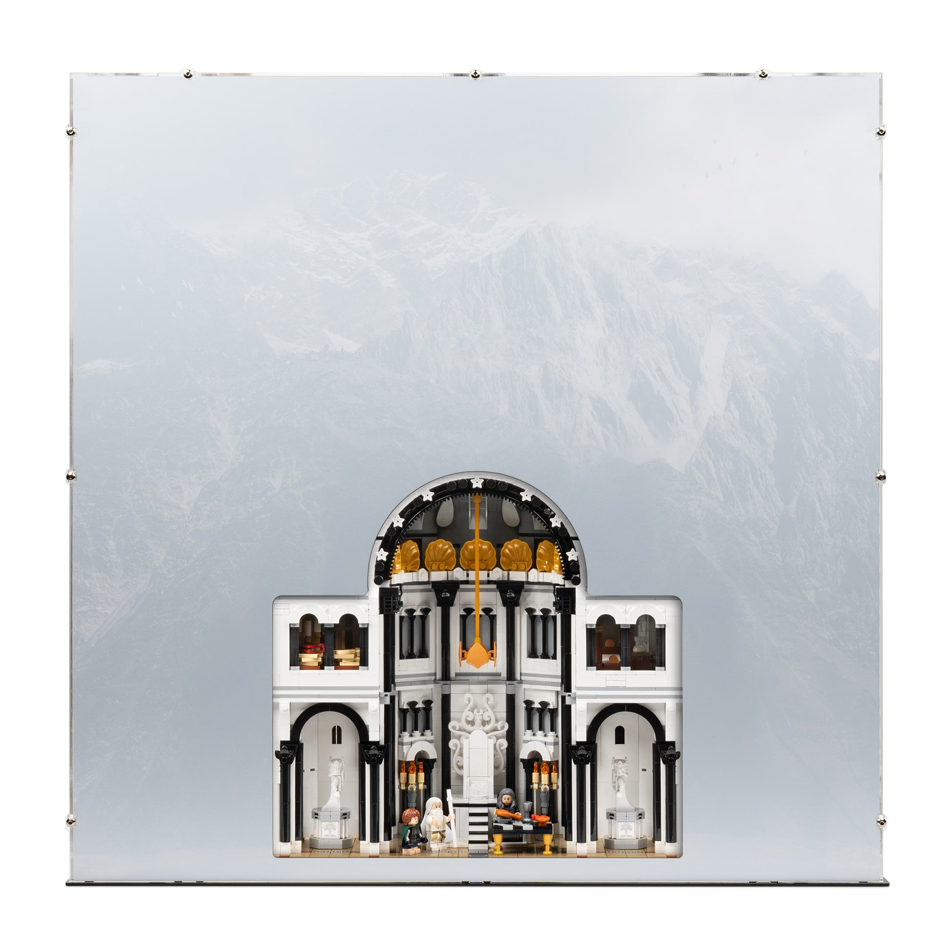 Back view of LEGO 11377 The Lord of the Rings Minas Tirith Display Case with a UV printed background.