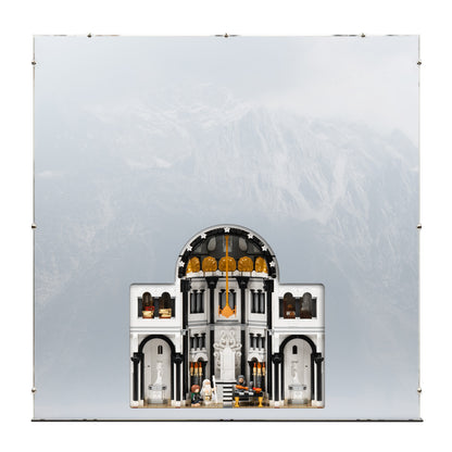 Back view of LEGO 11377 The Lord of the Rings Minas Tirith Display Case with a UV printed background.