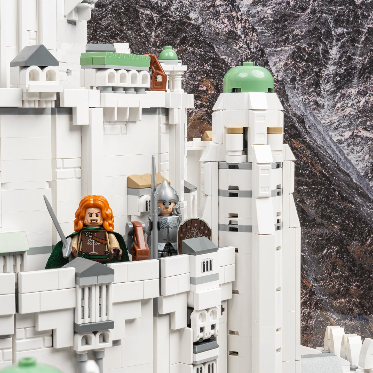 Faramir detail view of LEGO 11377 The Lord of the Rings Minas Tirith Display Case with a UV printed background.