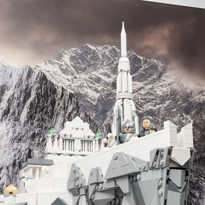 Denethor detail view of LEGO 11377 The Lord of the Rings Minas Tirith Display Case with a UV printed background.