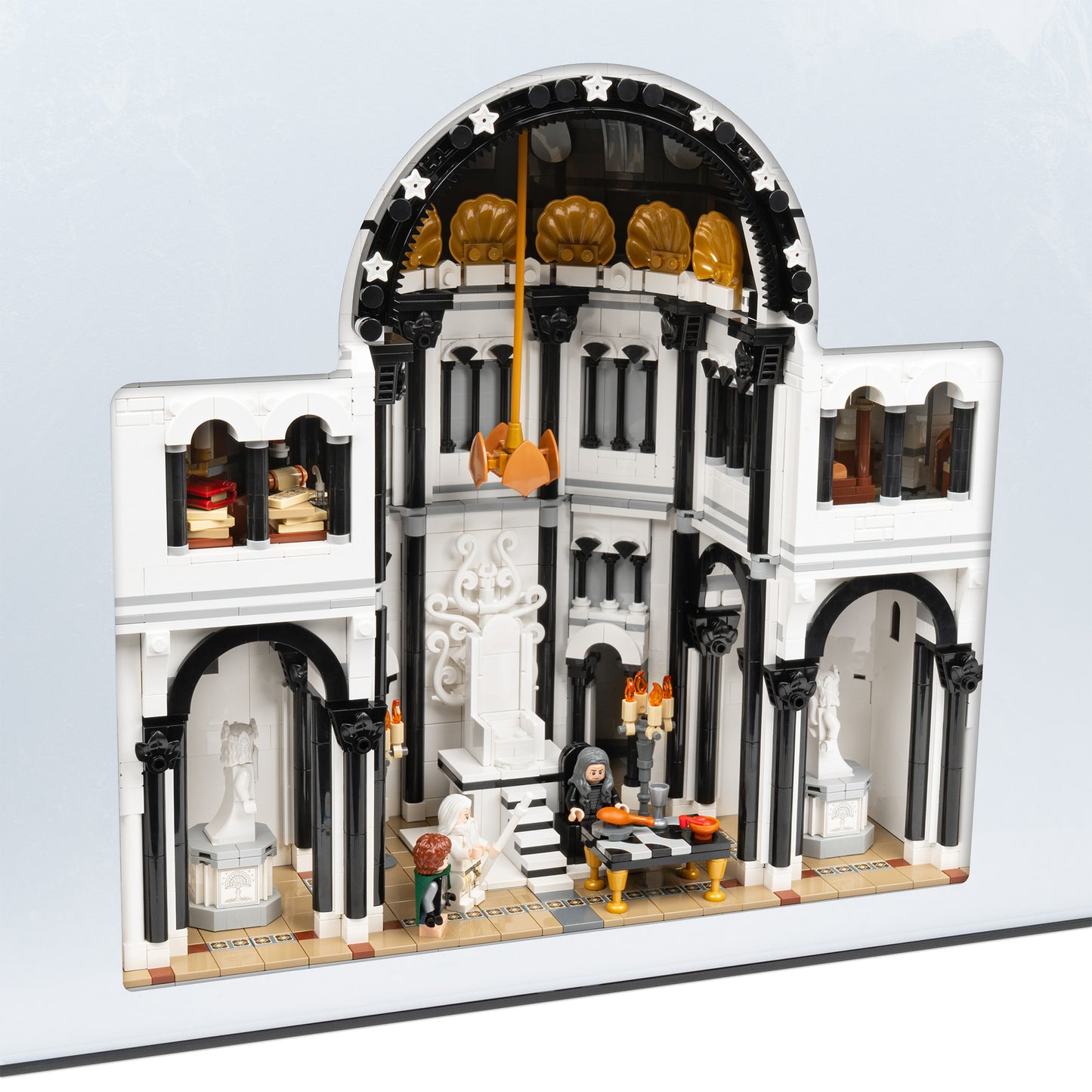 Throne room detail view of LEGO 11377 The Lord of the Rings Minas Tirith Display Case with a UV printed background.