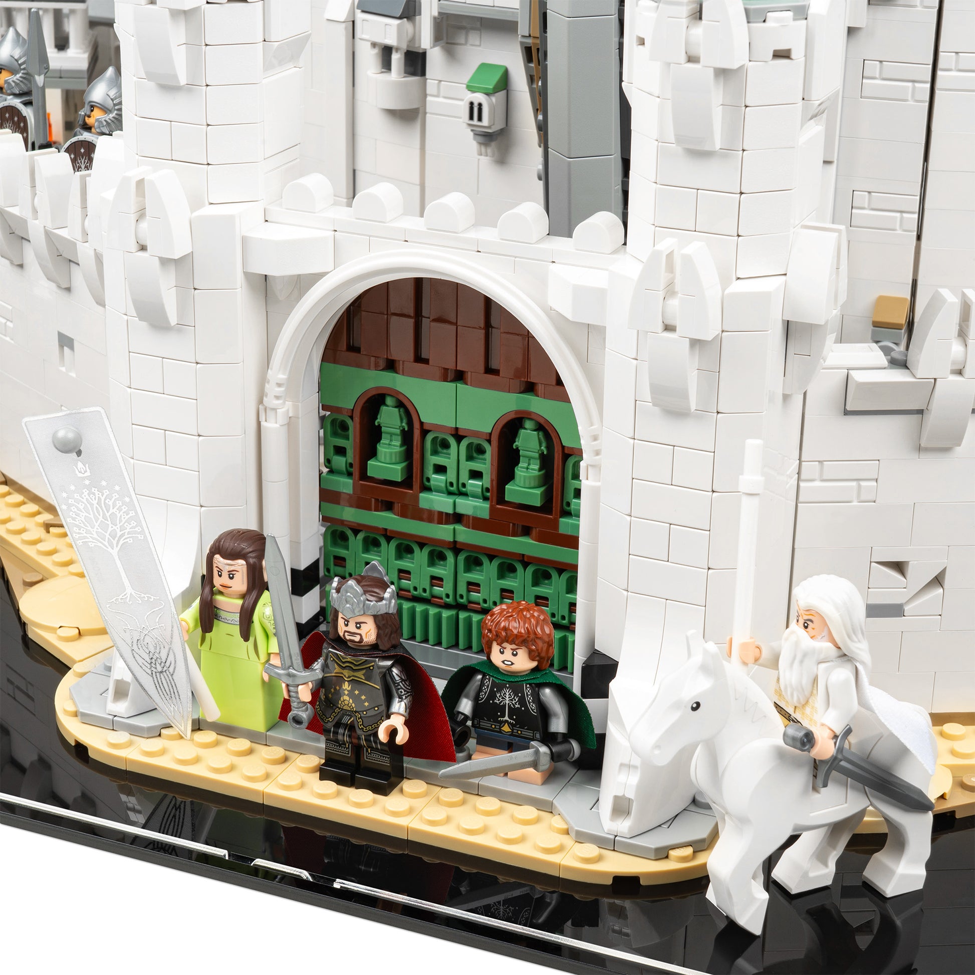 Gate detail view of LEGO 11377 The Lord of the Rings Minas Tirith Display Case with a UV printed background.