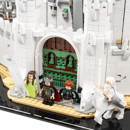 Gate detail view of LEGO 11377 The Lord of the Rings Minas Tirith Display Case with a UV printed background.