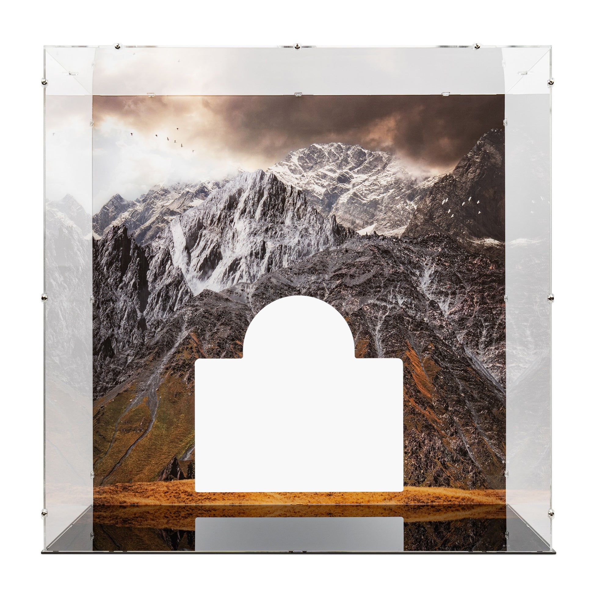 Front view of empty LEGO 11377 The Lord of the Rings Minas Tirith Display Case with a UV printed background.